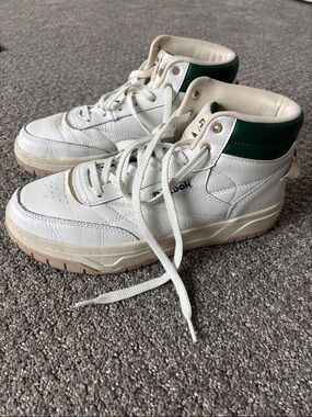 Reebok White Leather High-Tops with Green Collar